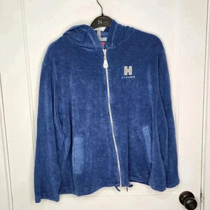 Vintage Tommy Hilfiger Terry Cloth Jacket Hoodie Womens XL Full Zip Logo Blue